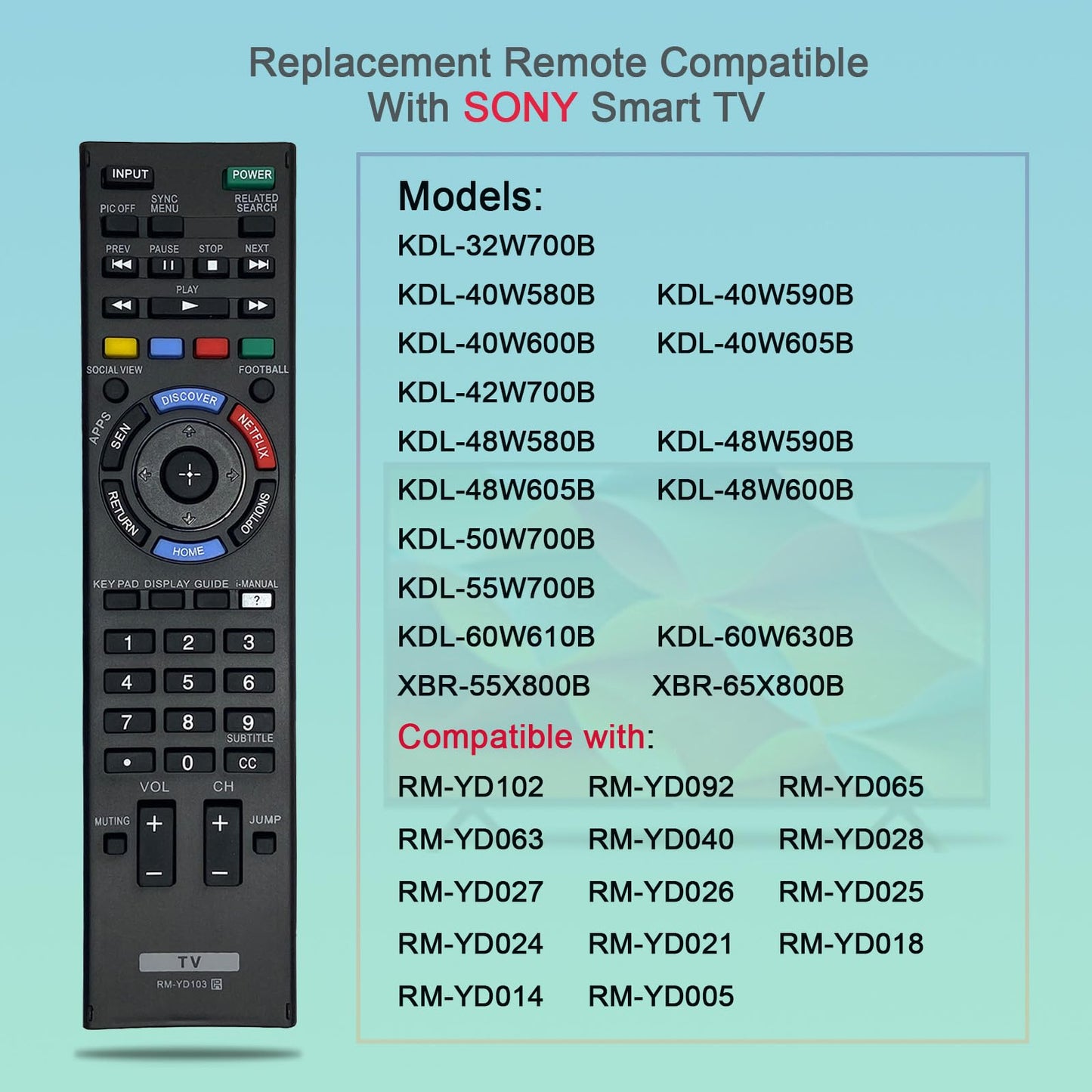 Sony RM-YD103 Universal TV Remote Control Replacement With Netflix Button